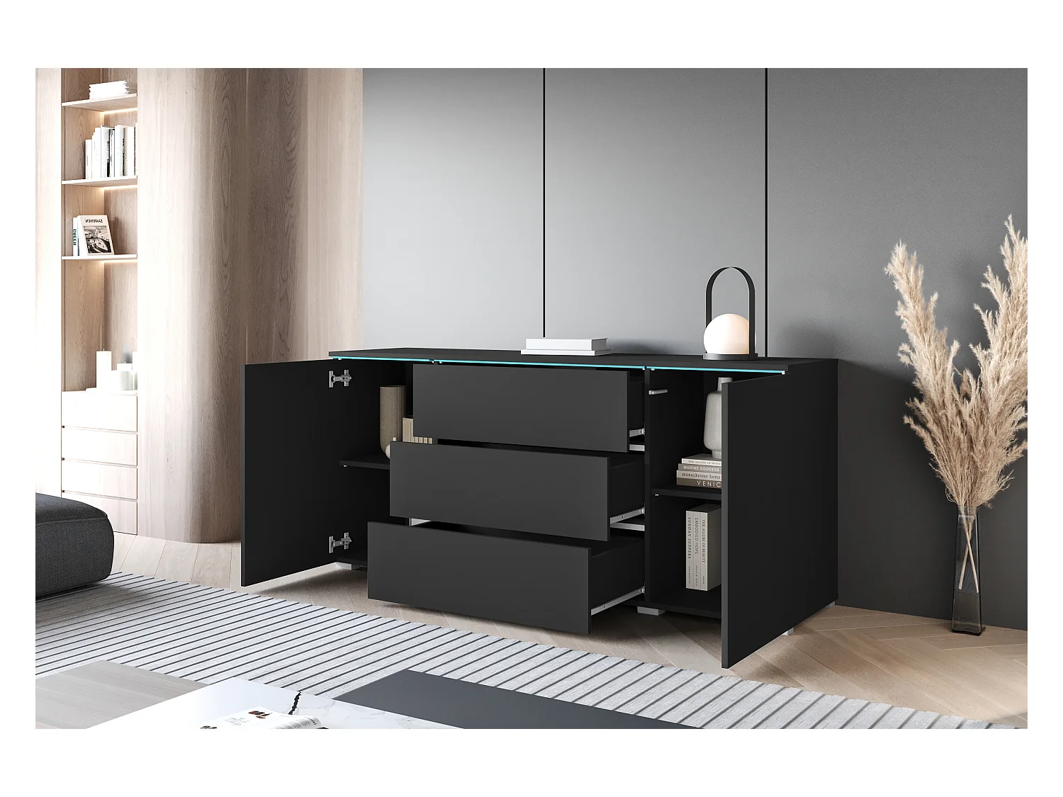 Commode moderne 150 cm avec LED pour salon – finition mate, 3 tiroirs et 2 portes noir mat