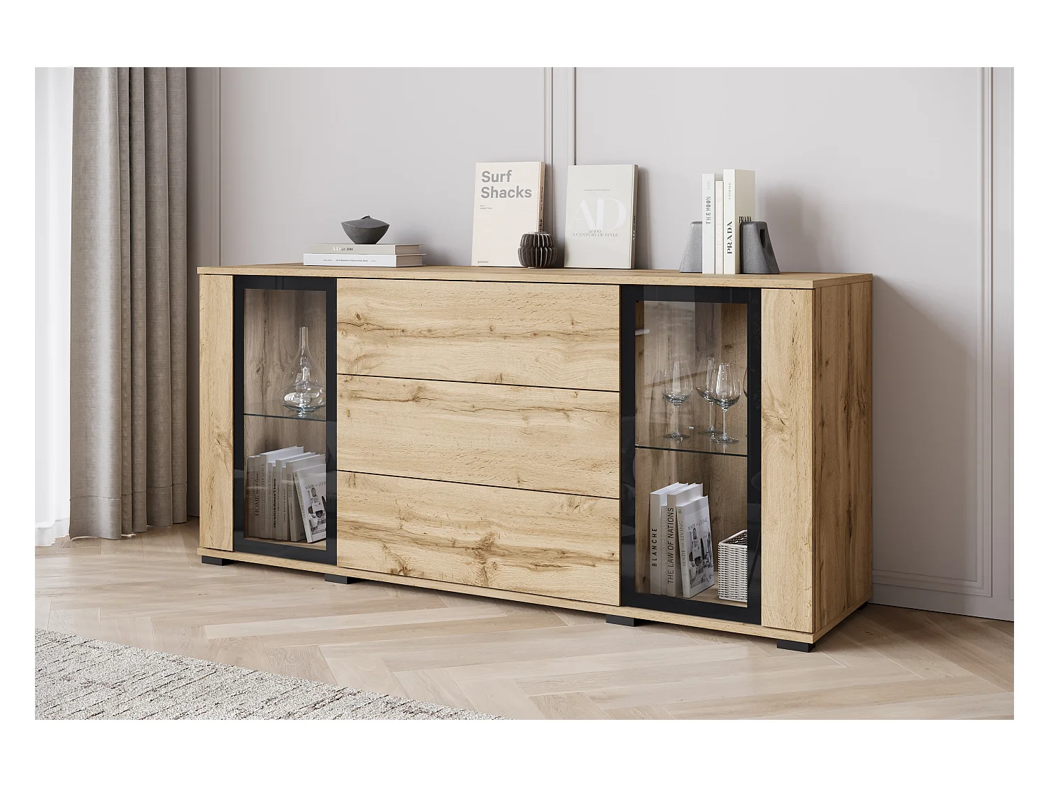 Commode 150 cm pour salon – vitrine moderne avec vitrages + tiroirs, corps chêne wotan, façades blanc brillant