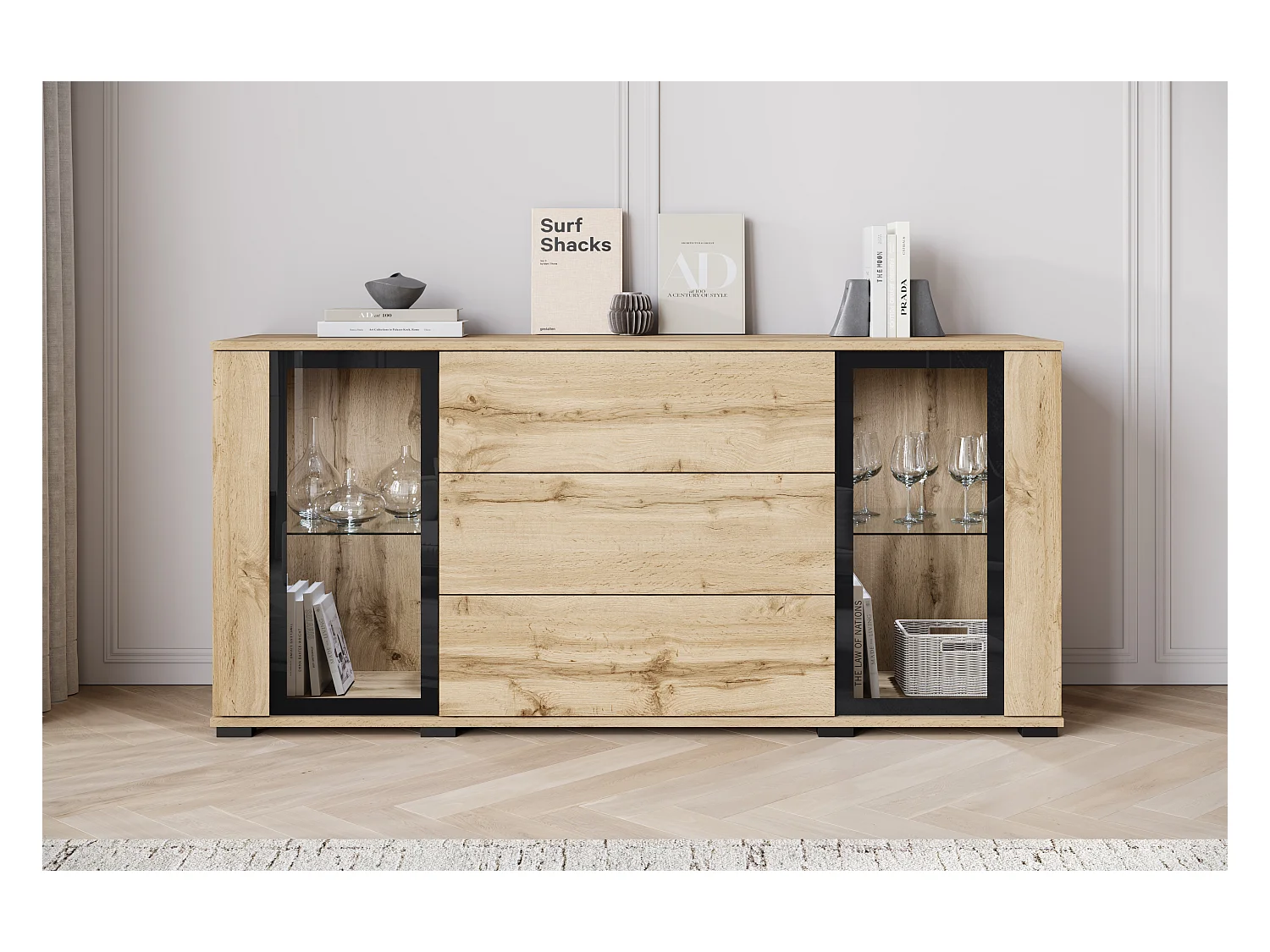 Commode 150 cm pour salon – vitrine moderne avec vitrages + tiroirs, corps chêne wotan, façades blanc brillant