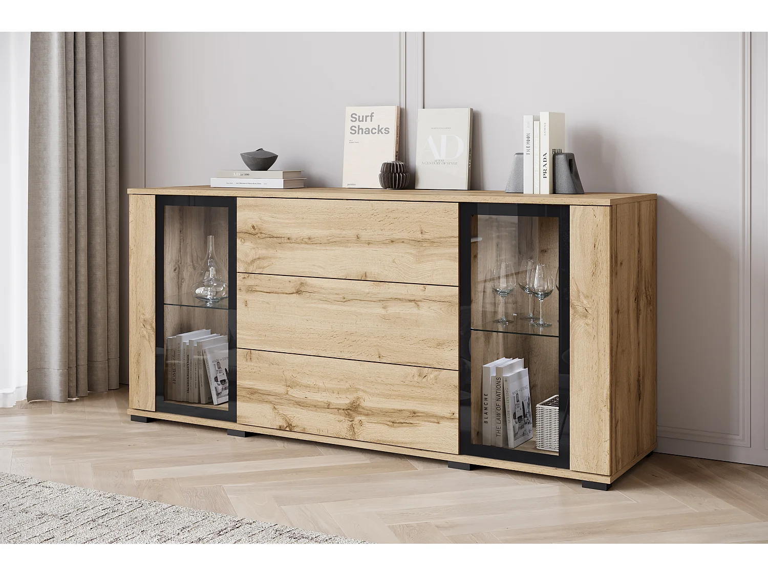 Aparador 150 cm para salón – vitrina moderna con cristales + cajones, cuerpo roble wotan, frentes blanco brillo