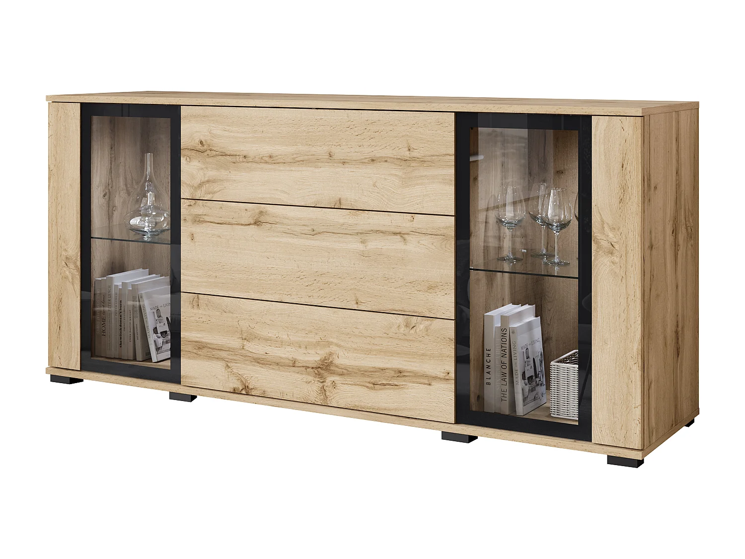 Aparador 150 cm para salón – vitrina moderna con cristales + cajones, cuerpo roble wotan, frentes blanco brillo