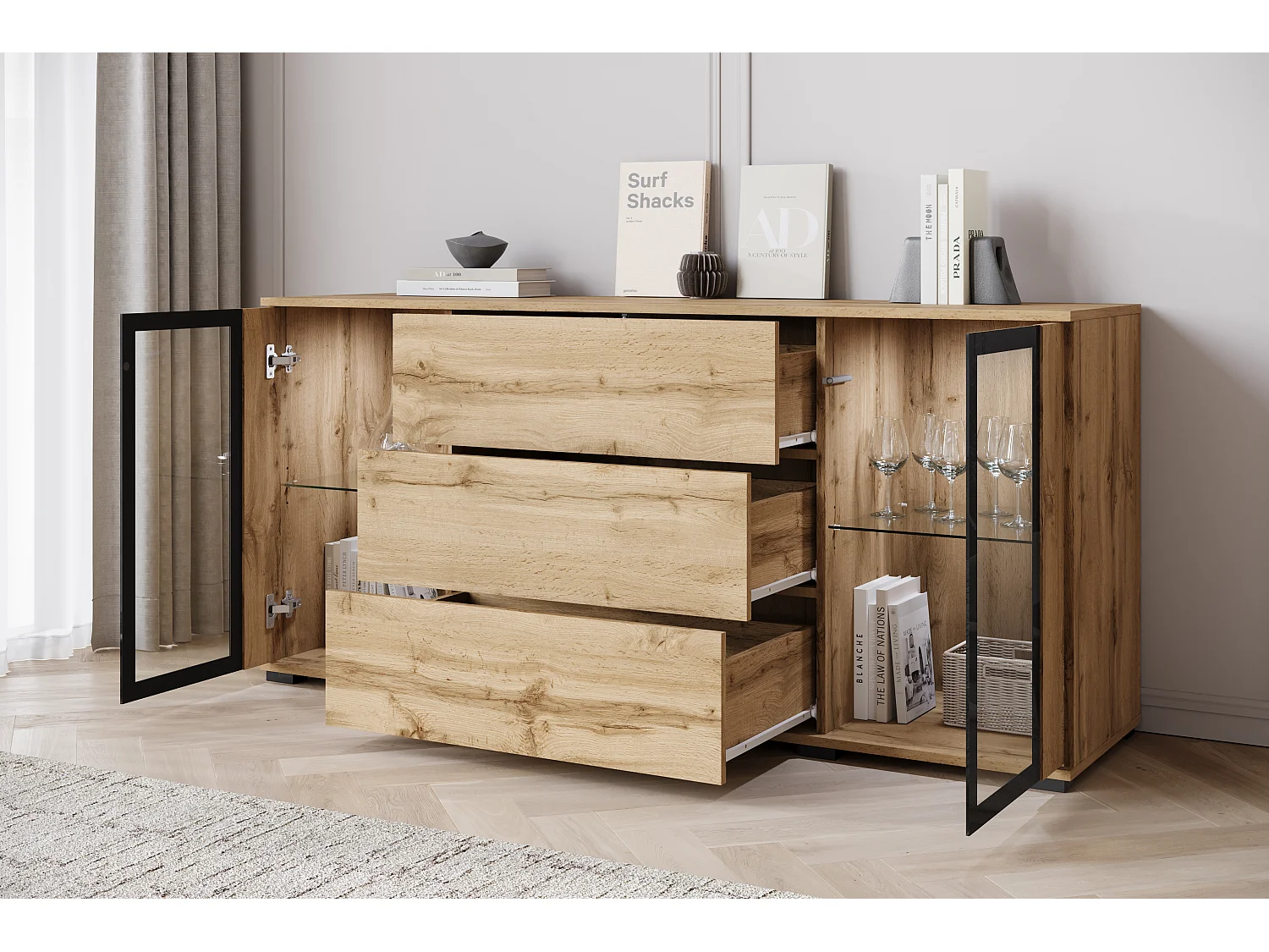 Aparador 150 cm para salón – vitrina moderna con cristales + cajones, cuerpo roble wotan, frentes blanco brillo