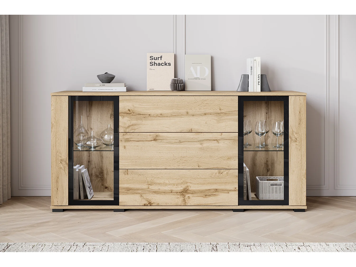 Aparador 150 cm para salón – vitrina moderna con cristales + cajones, cuerpo roble wotan, frentes blanco brillo