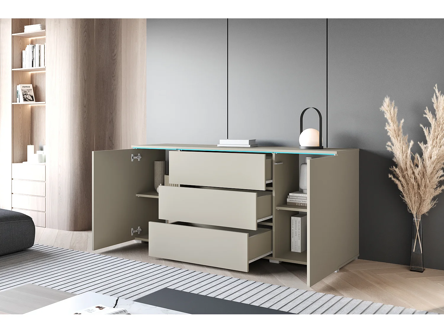 Commode moderne 150 cm avec LED pour salon – finition mate, 3 tiroirs et 2 portes beige cachemire