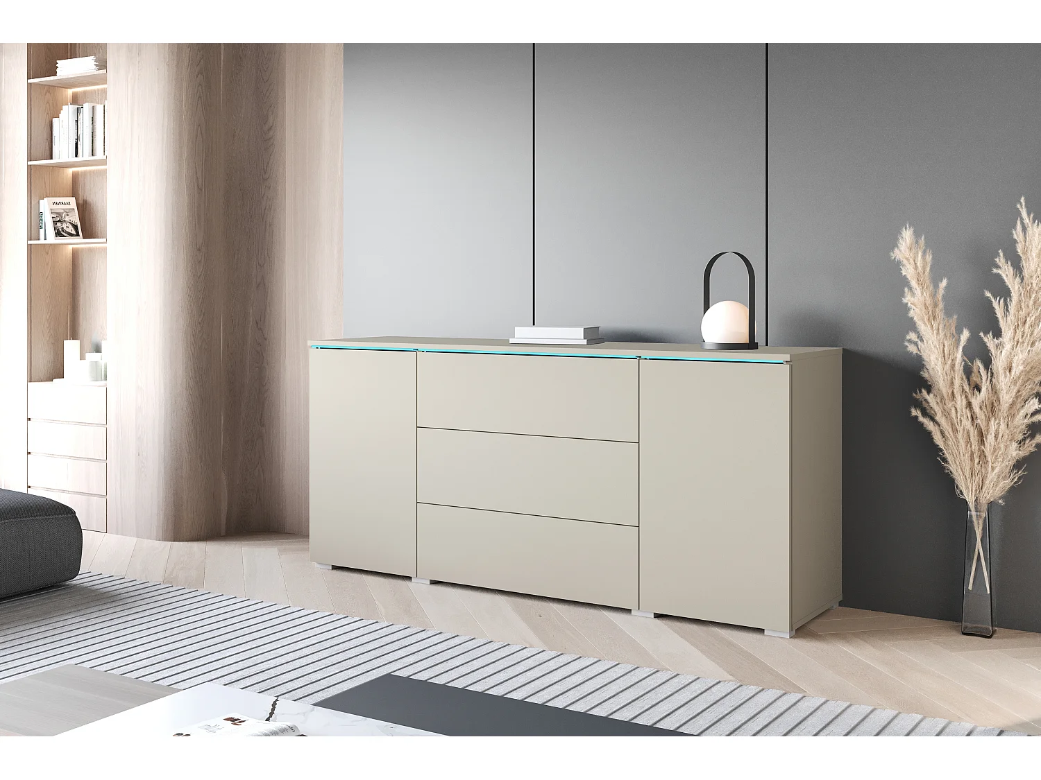 Moderner 150 cm LED-Buffet mit matter Oberfläche, 3 Schubladen, 2 Türen - Beige Kaschmir