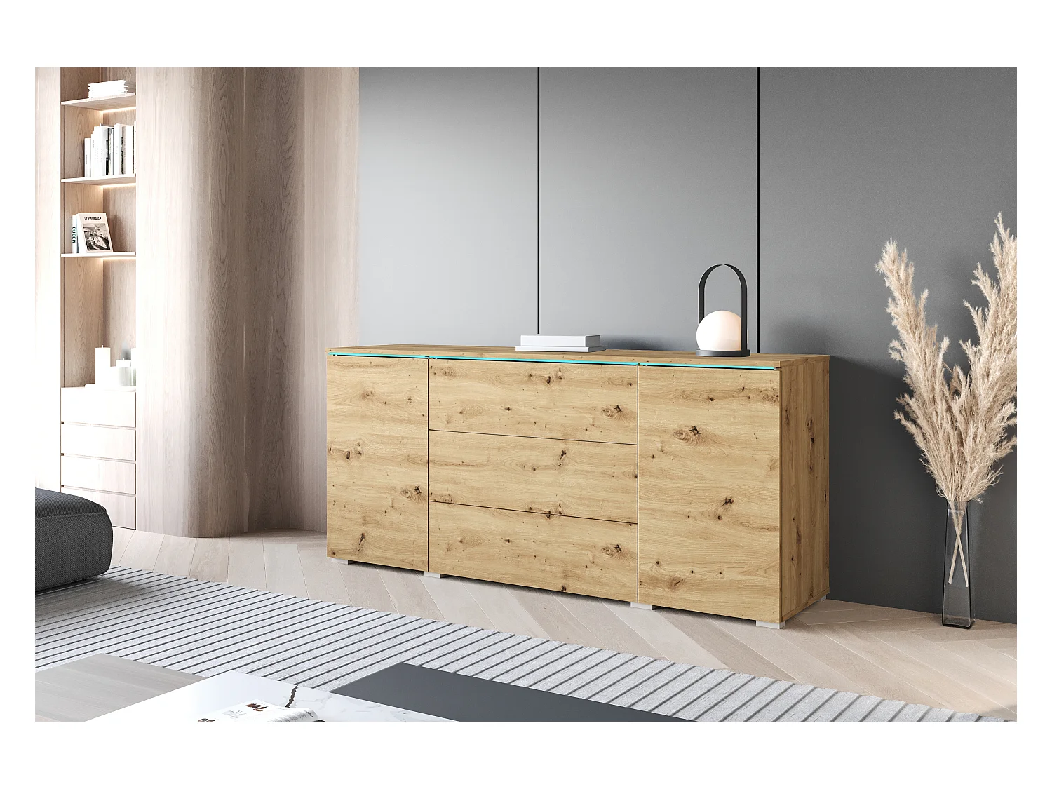 Aparador moderno 150 cm con LED para salón – acabado mate, 3 cajones y 2 puertas roble artisan