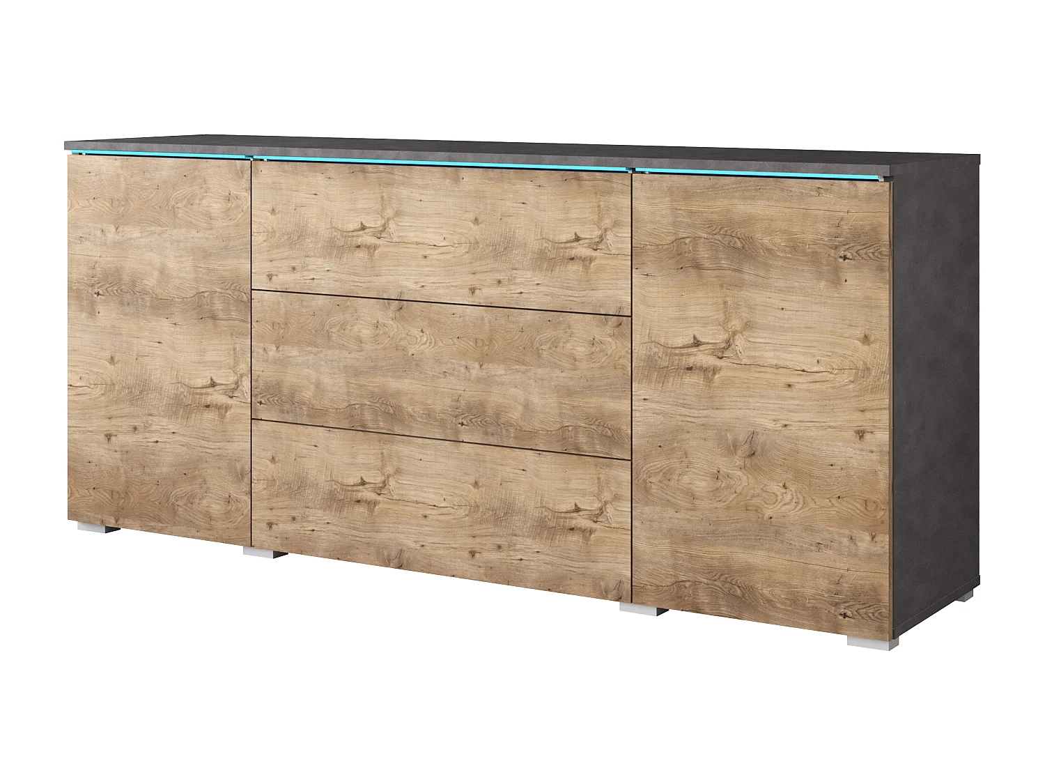 Aparador moderno 150 cm con LED para salón – cuerpo matera, frentes castaño, 3 cajones y 2 puertas