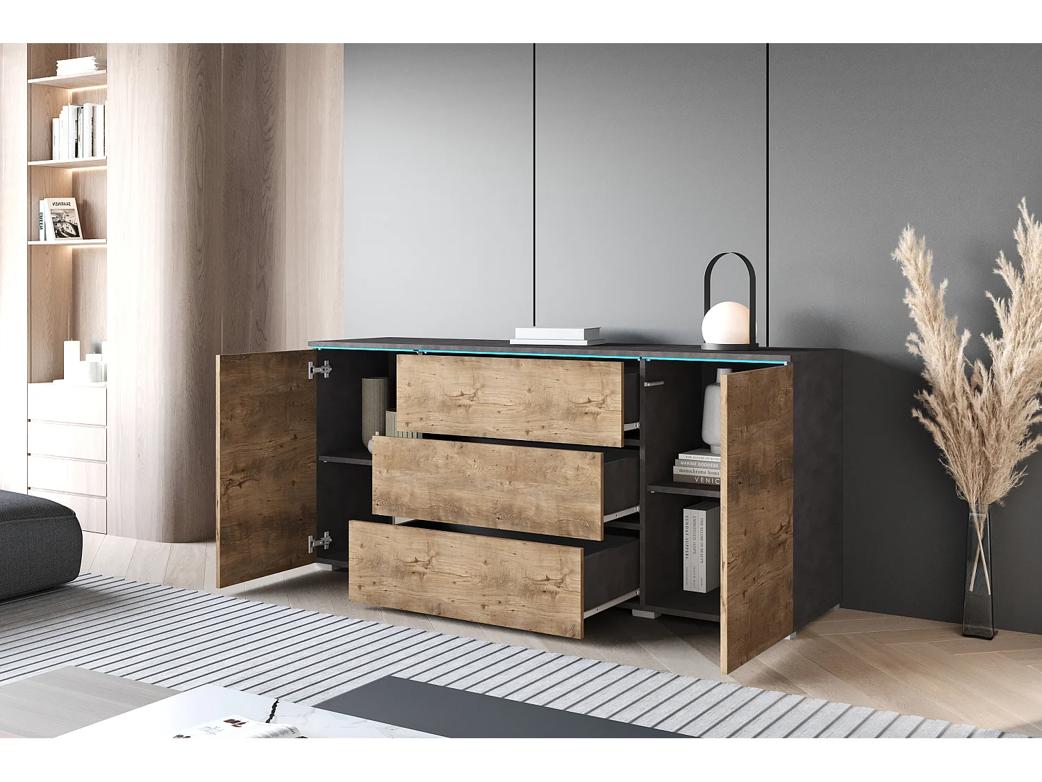 Aparador moderno 150 cm con LED para salón – cuerpo matera, frentes castaño, 3 cajones y 2 puertas