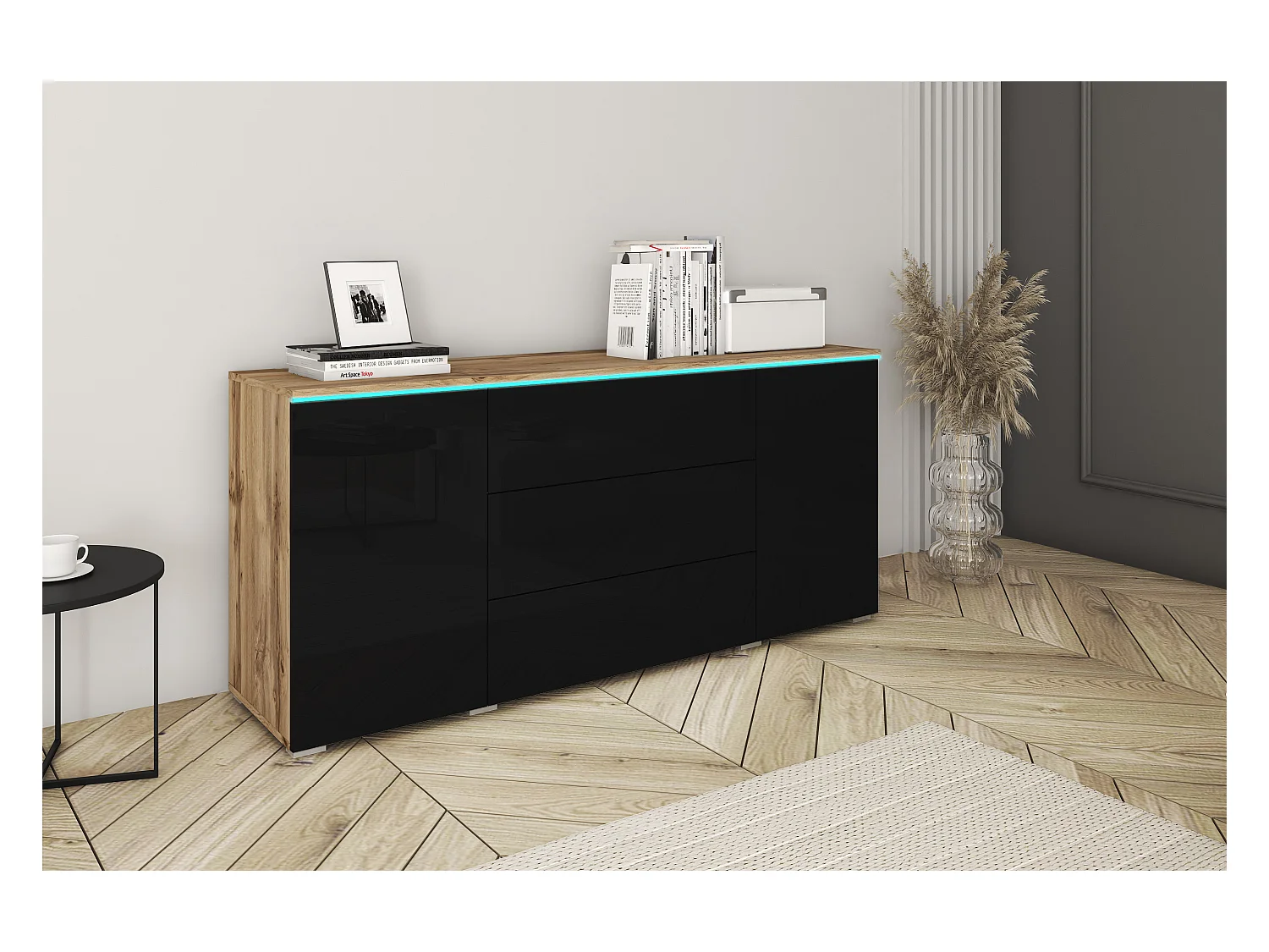 Aparador moderno 150 cm con LED para salón – cuerpo roble wotan, frentes negro brillo, 3 cajones y 2 puertas