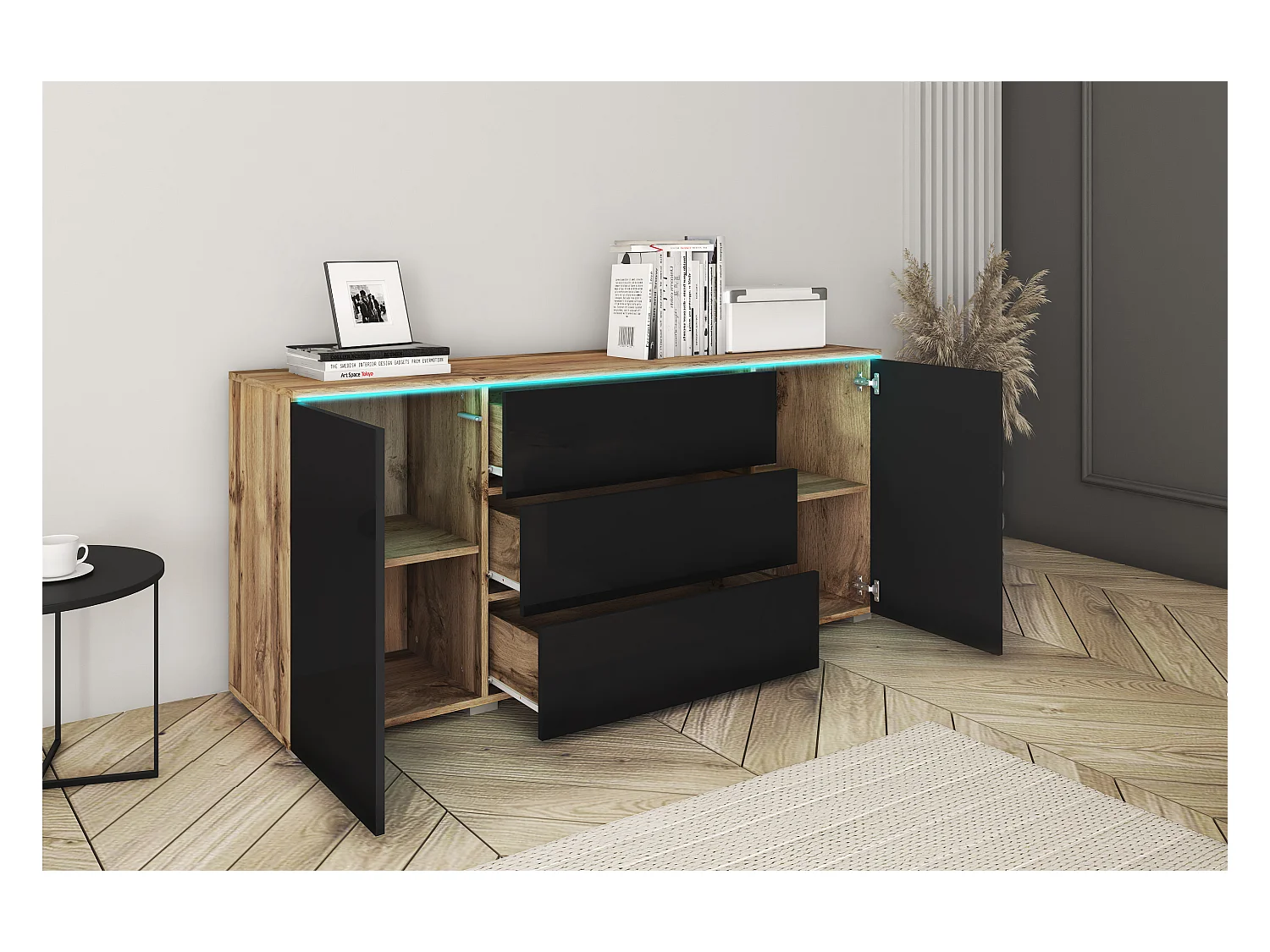 Aparador moderno 150 cm con LED para salón – cuerpo roble wotan, frentes negro brillo, 3 cajones y 2 puertas