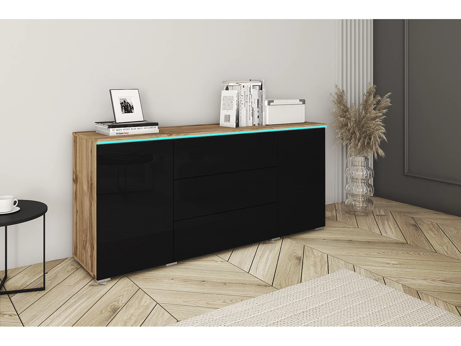 Commode moderne 150 cm avec LED pour salon – corps chêne wotan, façades noir brillant, 3 tiroirs et 2 portes
