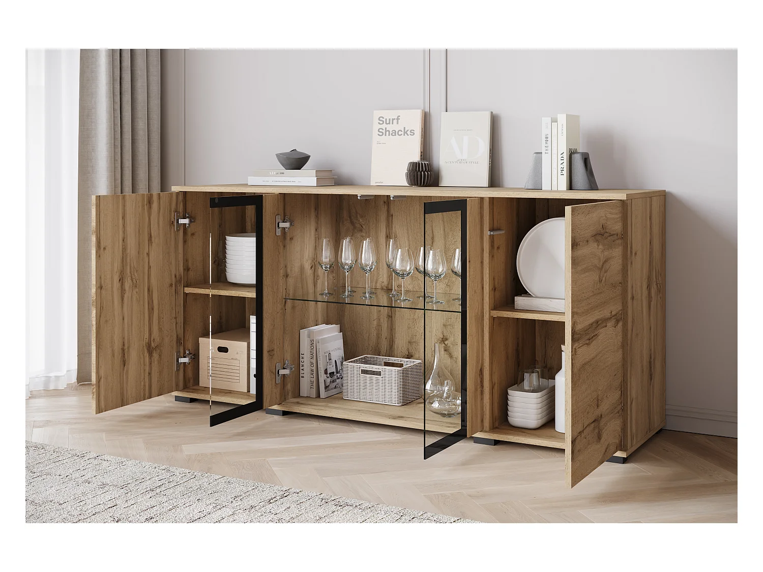 Aparador 150 cm con LED para salón – vitrina moderna con vitrinas, roble wotan