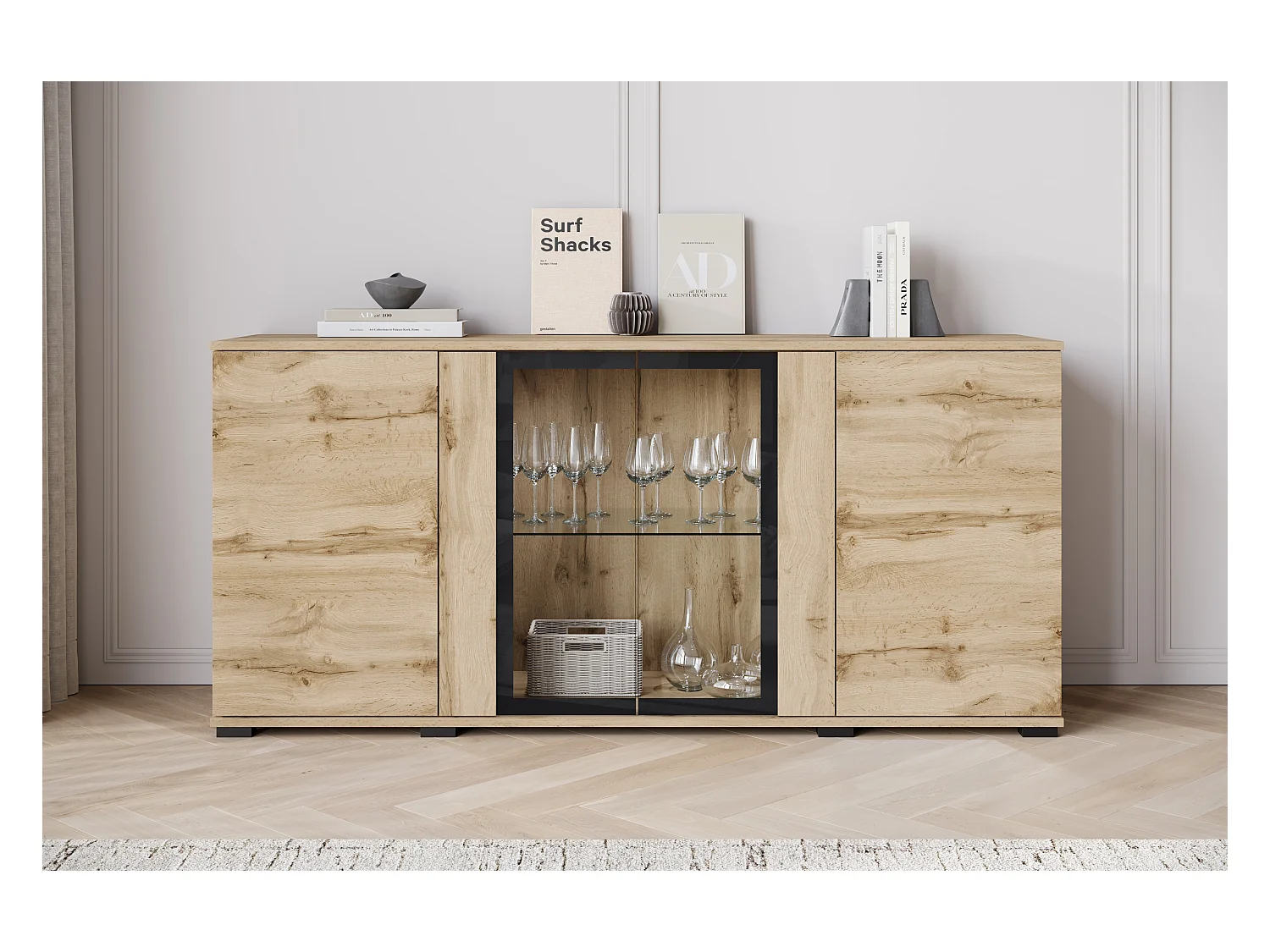 Aparador 150 cm con LED para salón – vitrina moderna con vitrinas, roble wotan