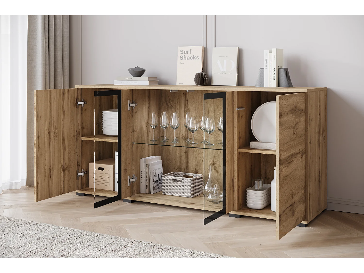 Komoda 150 cm do salonu z LED – nowoczesna witryna z przeszkleniami, dąb wotan