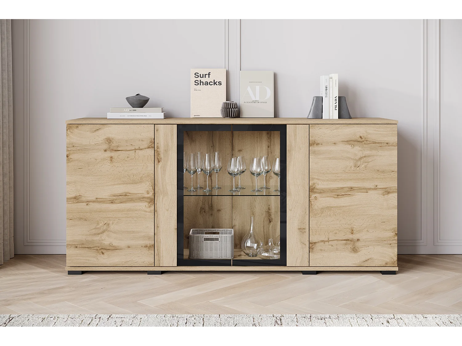 Komoda 150 cm do salonu z LED – nowoczesna witryna z przeszkleniami, dąb wotan