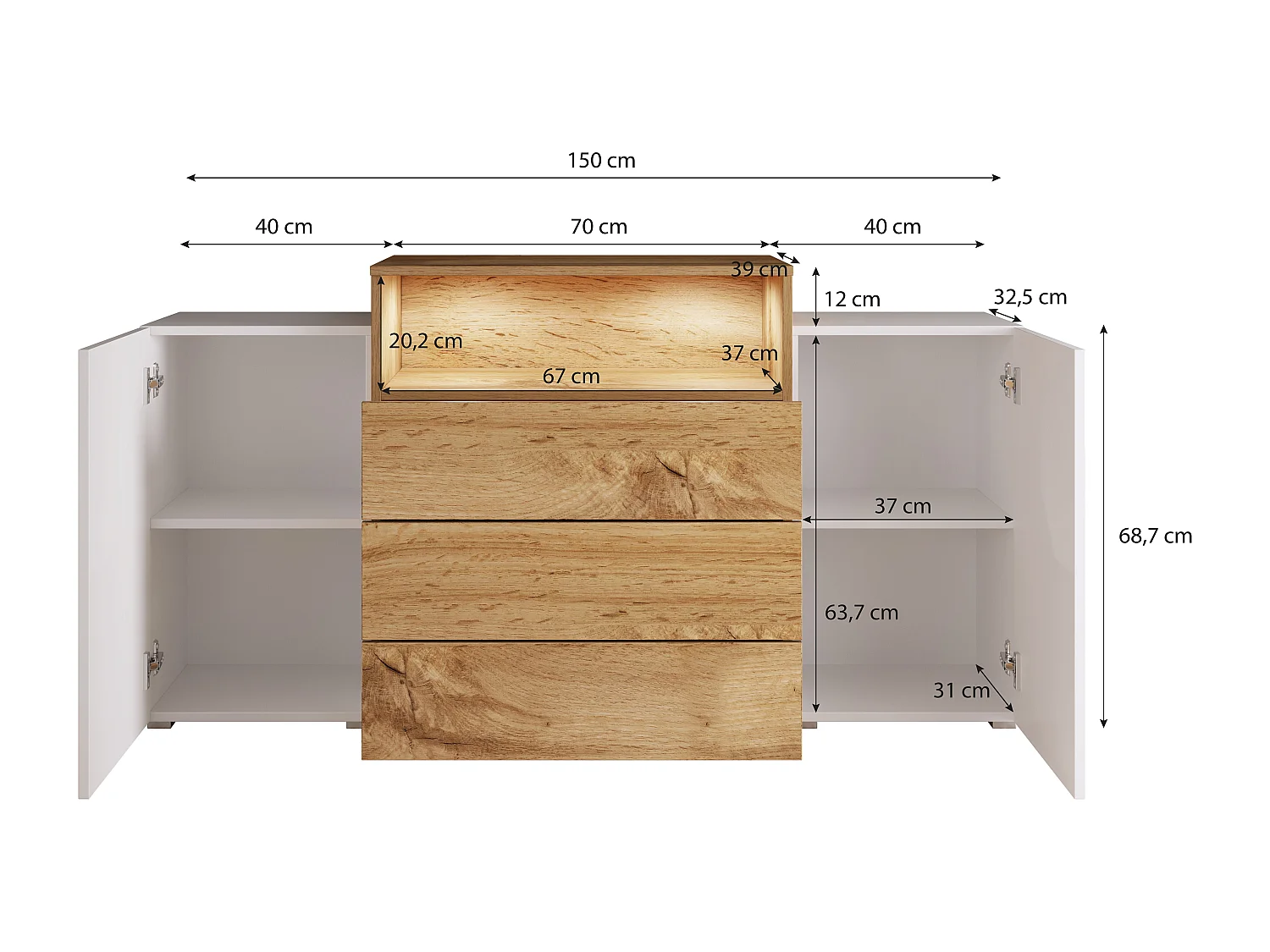 Commode 150 cm pour salon avec LED – moderne sur pied avec 3 tiroirs, corps blanc mat, façades blanc brillant