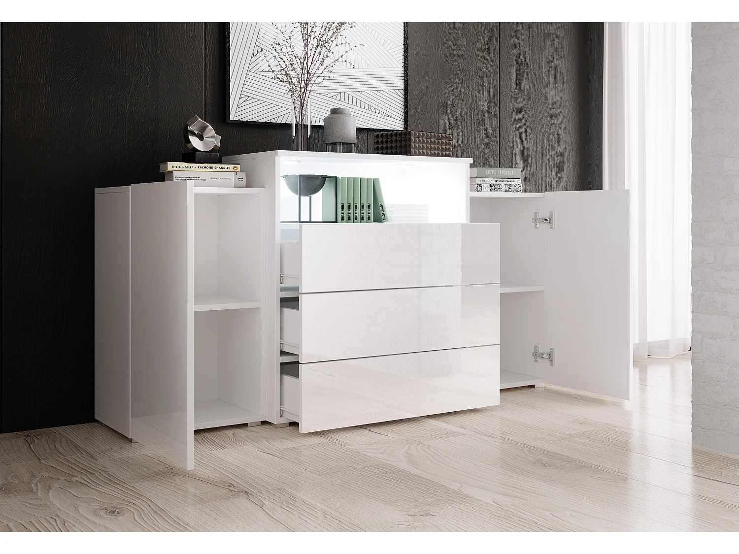 Commode 150 cm pour salon avec LED – moderne sur pied avec 3 tiroirs, corps blanc mat, façades blanc brillant