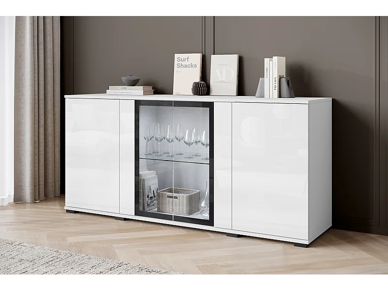 Commode 150 cm avec LED pour salon – vitrine moderne avec vitrages, corps blanc mat façades blanc brillant