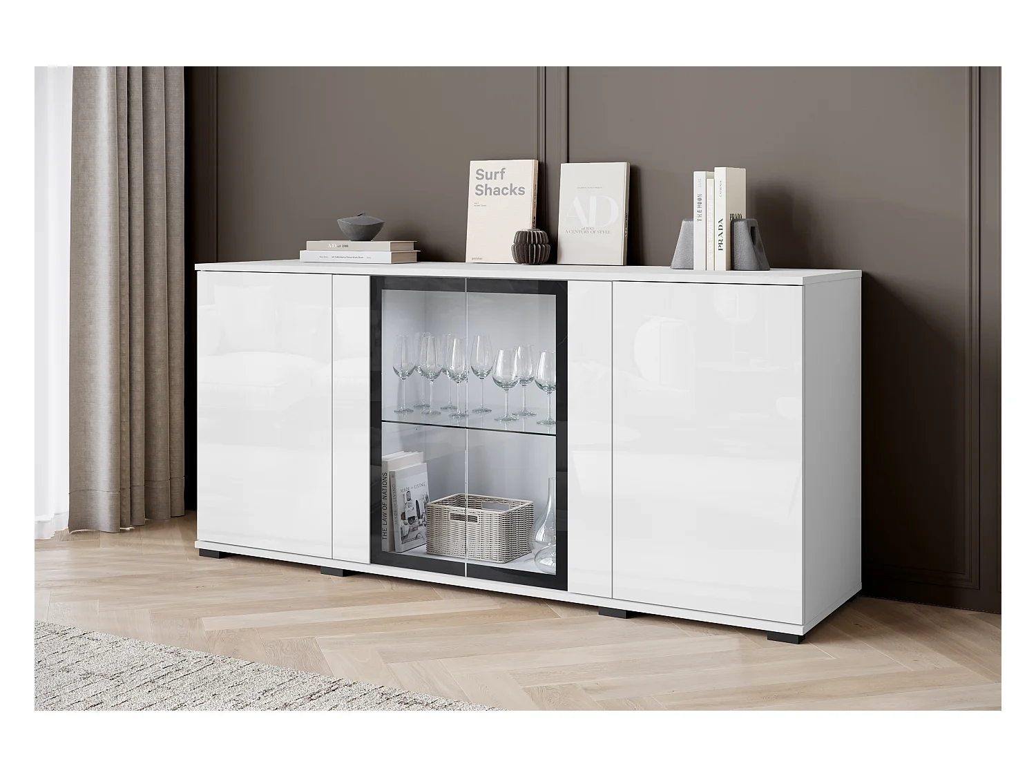 Commode 150 cm avec LED pour salon – vitrine moderne avec vitrages, corps blanc mat façades blanc brillant