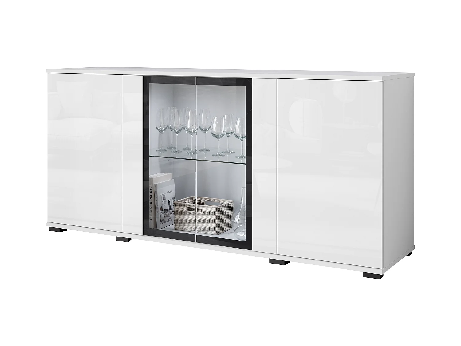 Commode 150 cm avec LED pour salon – vitrine moderne avec vitrages, corps blanc mat façades blanc brillant