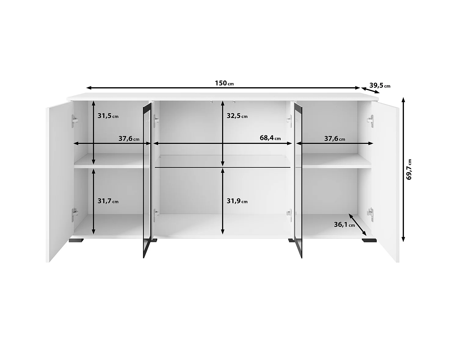 Commode 150 cm avec LED pour salon – vitrine moderne avec vitrages, corps blanc mat façades blanc brillant