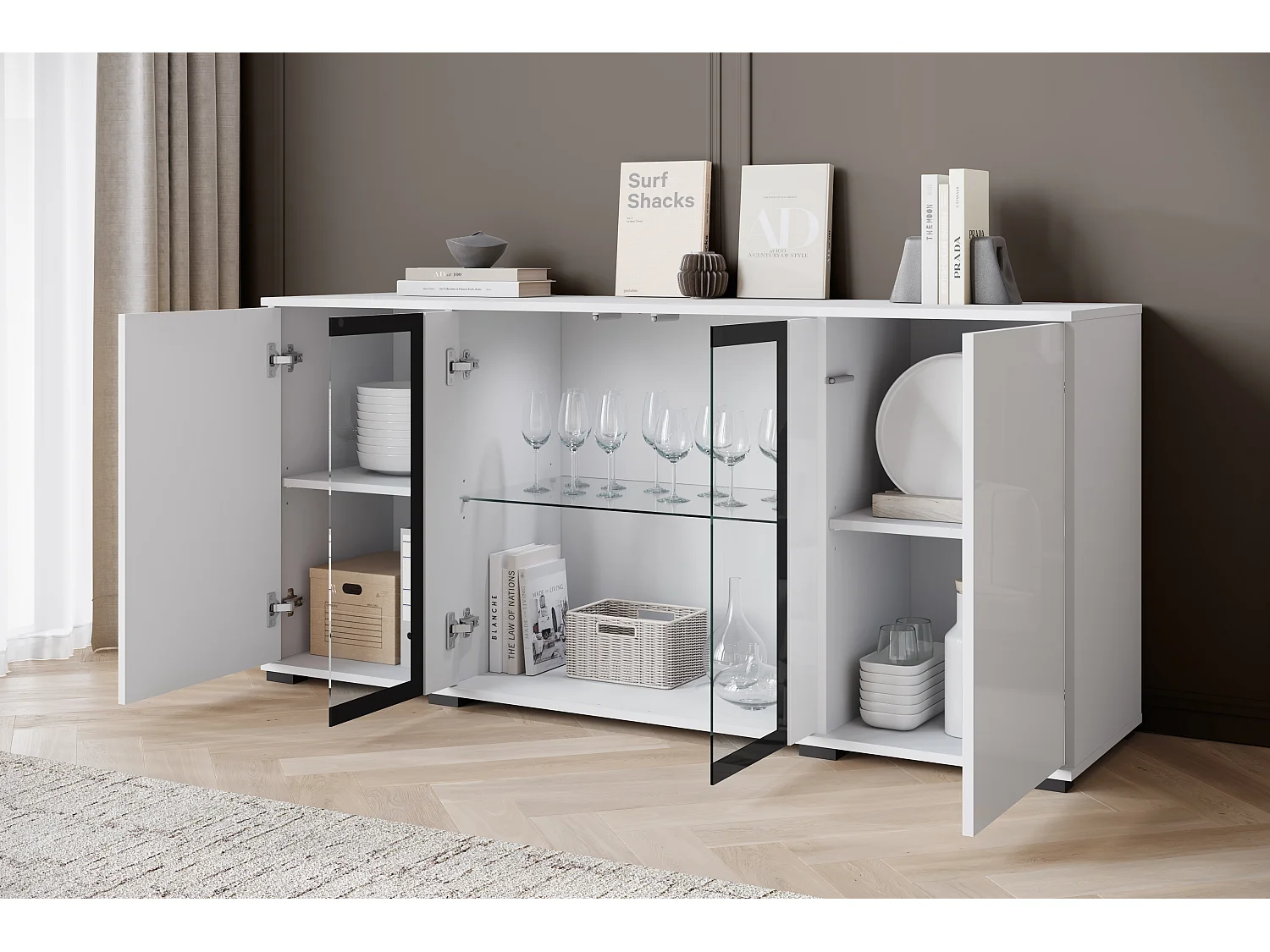 Commode 150 cm avec LED pour salon – vitrine moderne avec vitrages, corps blanc mat façades blanc brillant