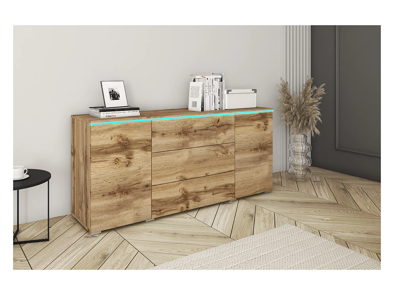 Moderne dressoir 150 cm met LED voor de woonkamer – mat afwerking, 3 lades en 2 deuren eiken wotan