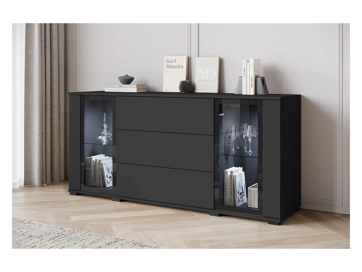 Komoda 150 cm do salonu z LED – nowoczesna witryna z przeszkleniami + szuflady, czarny mat