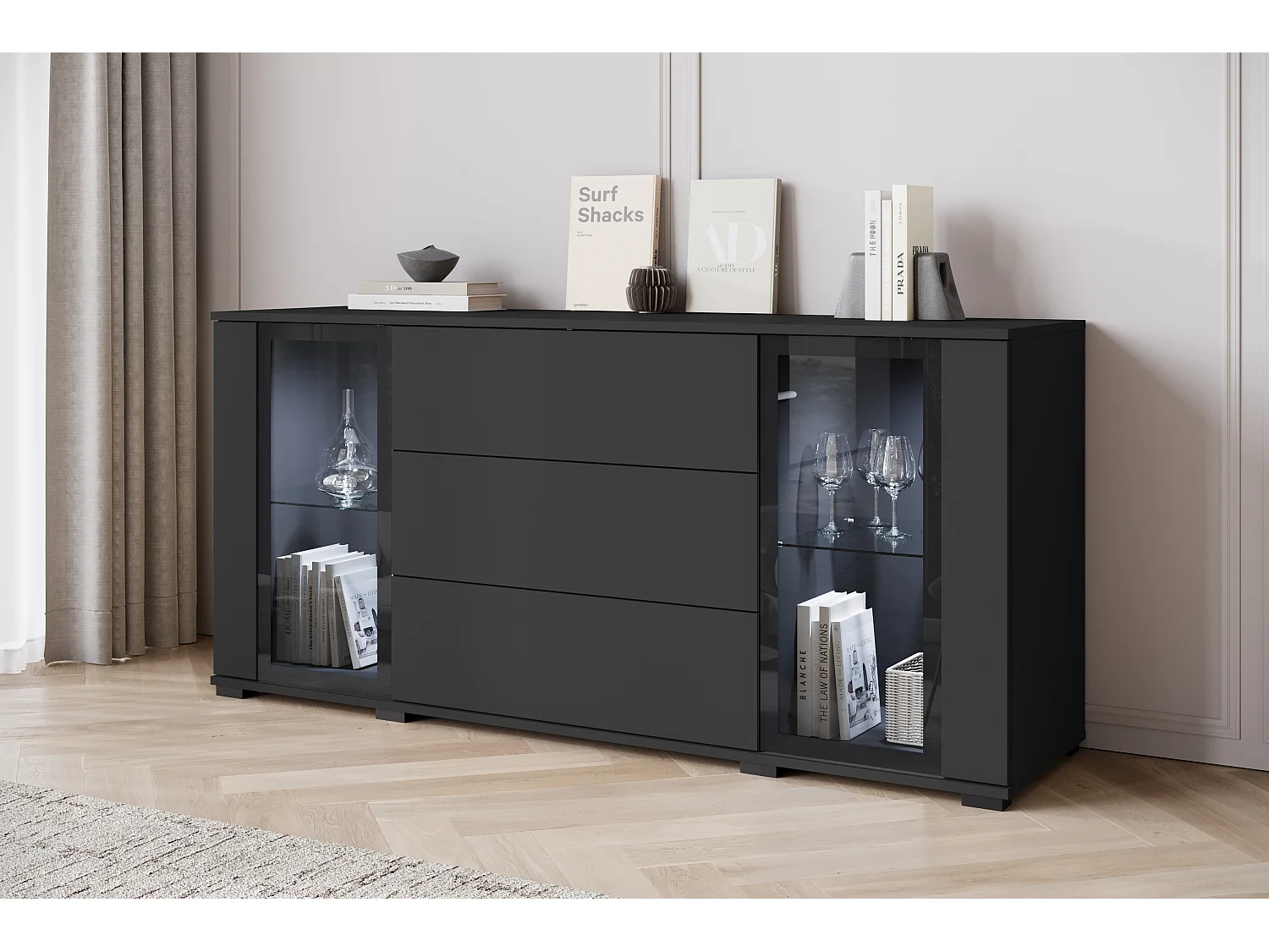 Commode 150 cm pour salon avec LED – vitrine moderne avec vitrages + tiroirs, noir mat