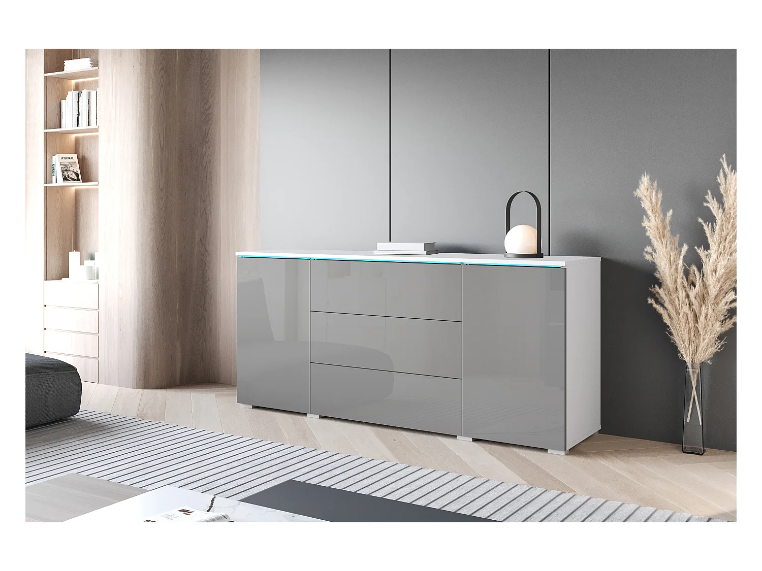 Commode moderne 150 cm avec LED pour salon – corps blanc mat, façades gris brillant, 3 tiroirs et 2 portes