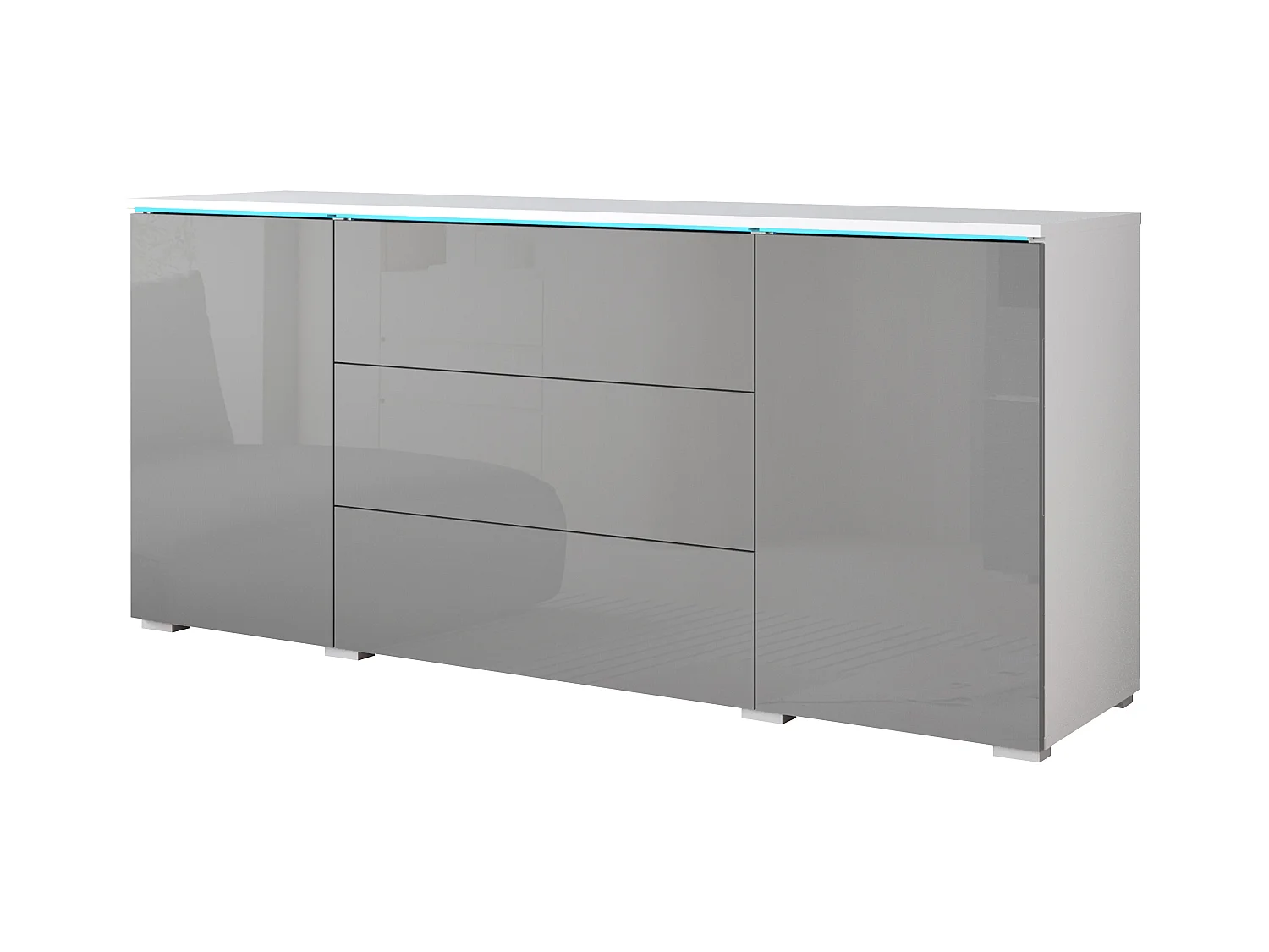 Commode moderne 150 cm avec LED pour salon – corps blanc mat, façades gris brillant, 3 tiroirs et 2 portes