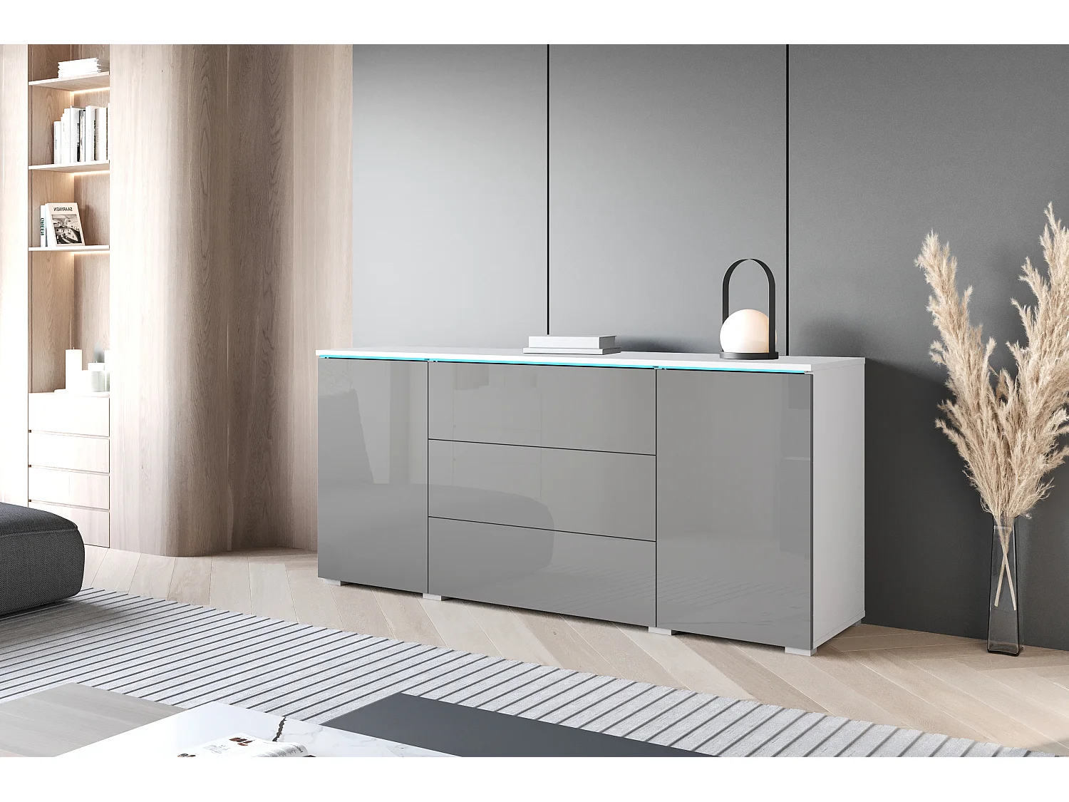 Aparador moderno 150 cm con LED para salón – cuerpo blanco mate, frentes gris brillo, 3 cajones y 2 puertas