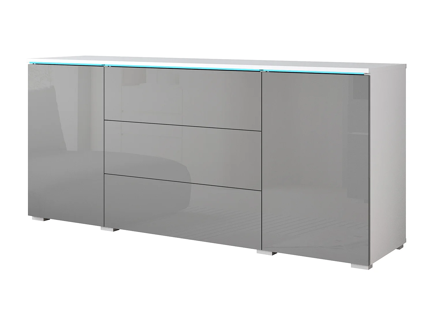 Aparador moderno 150 cm con LED para salón – cuerpo blanco mate, frentes gris brillo, 3 cajones y 2 puertas