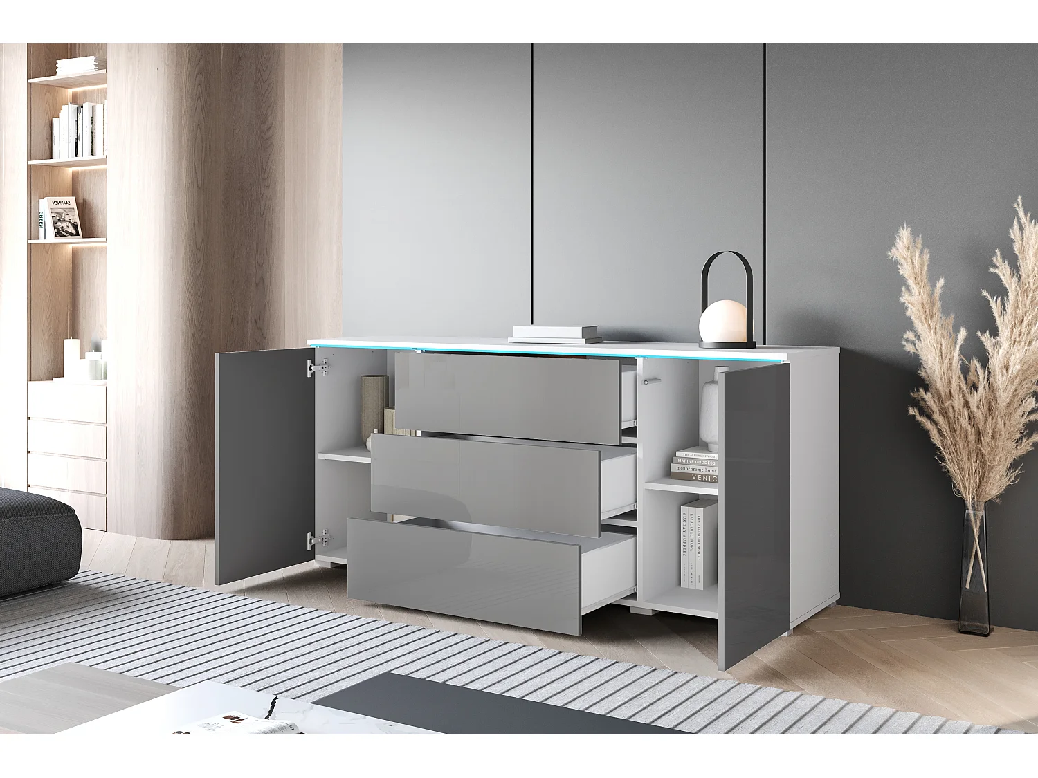 Aparador moderno 150 cm con LED para salón – cuerpo blanco mate, frentes gris brillo, 3 cajones y 2 puertas