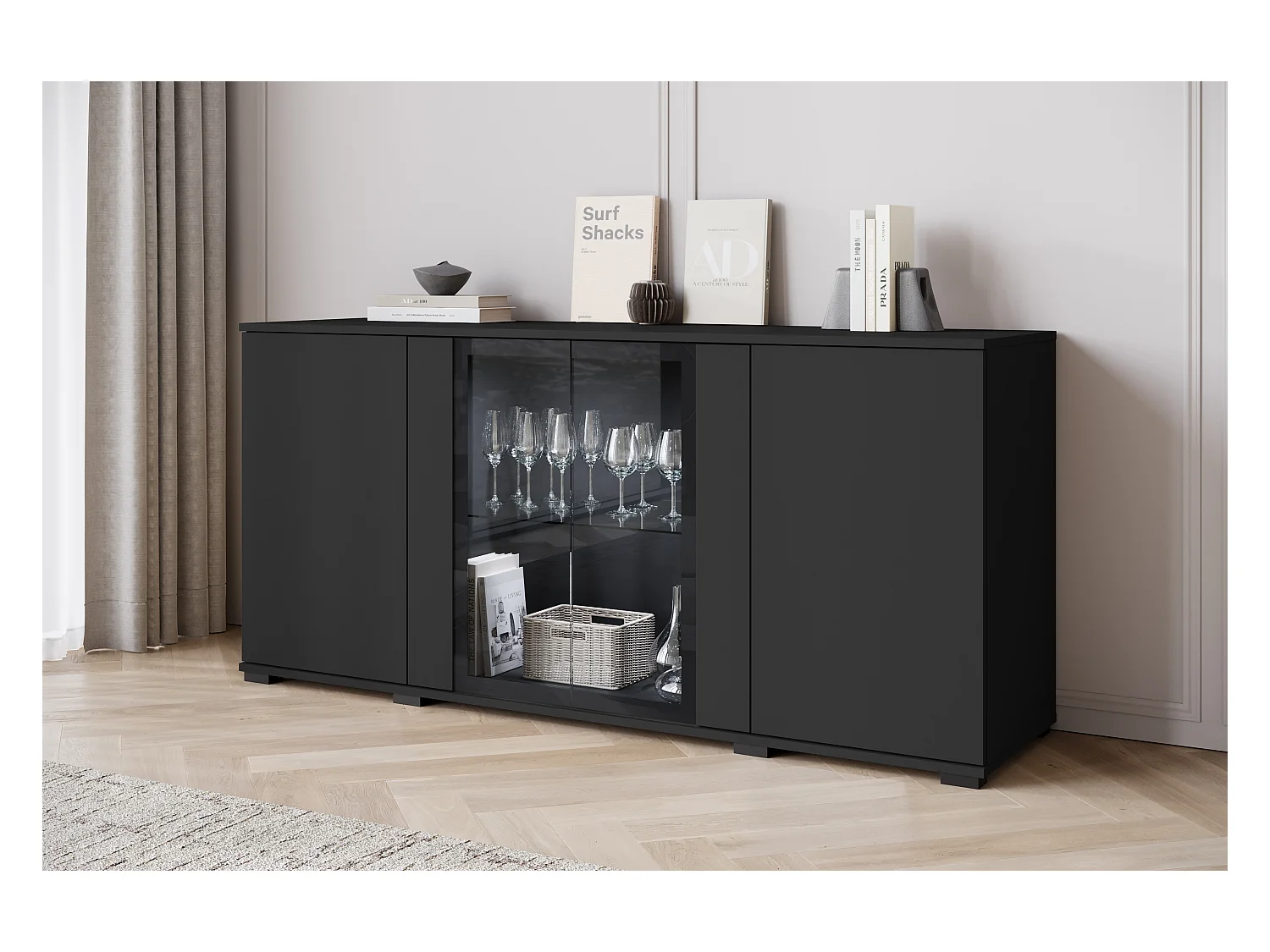 Commode 150 cm avec LED pour salon – vitrine moderne avec vitrages, noir mat