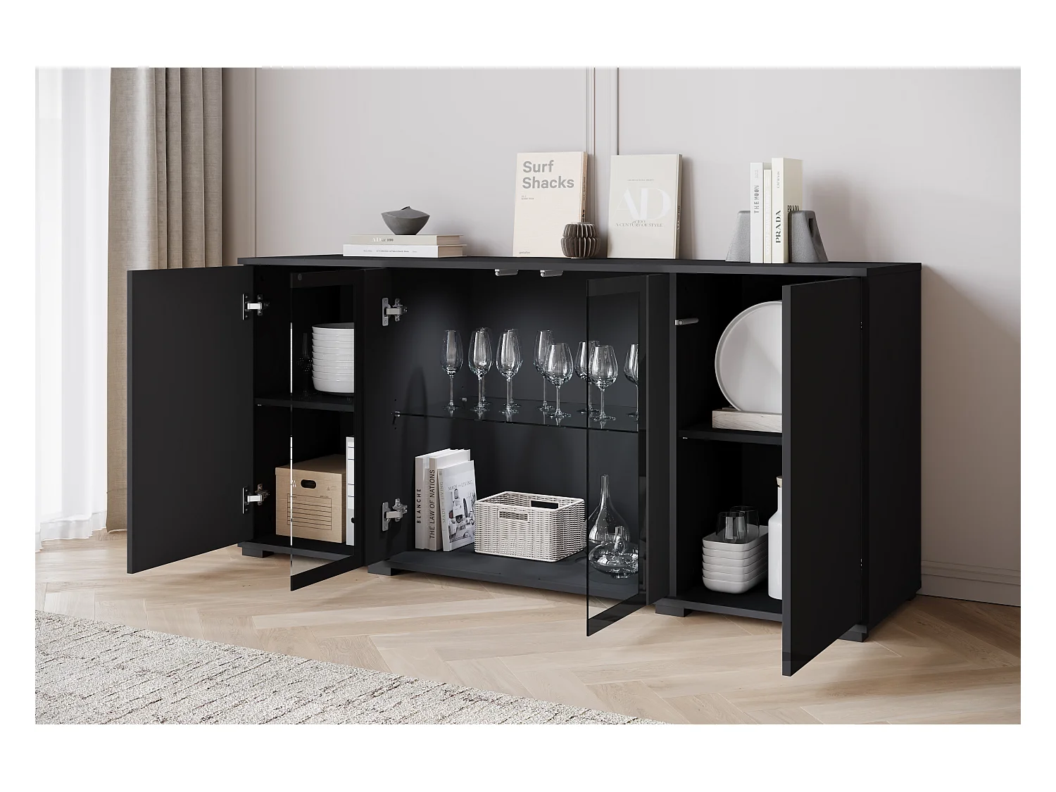 Commode 150 cm avec LED pour salon – vitrine moderne avec vitrages, noir mat