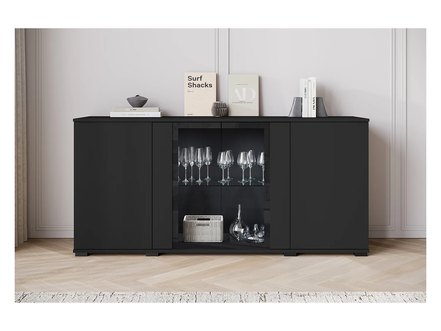 Commode 150 cm avec LED pour salon – vitrine moderne avec vitrages, noir mat