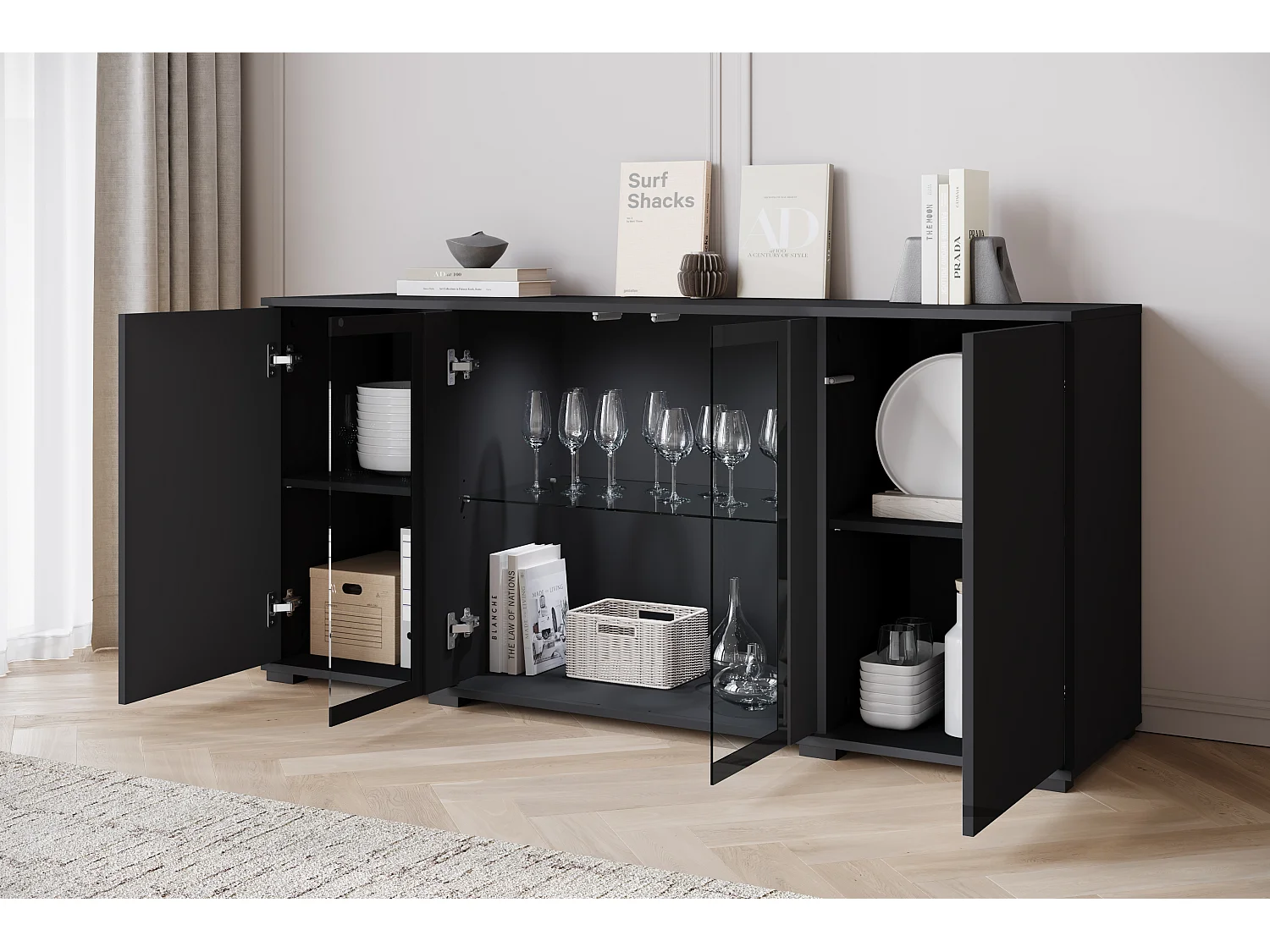 Aparador 150 cm con LED para salón – vitrina moderna con vitrinas, negro mate