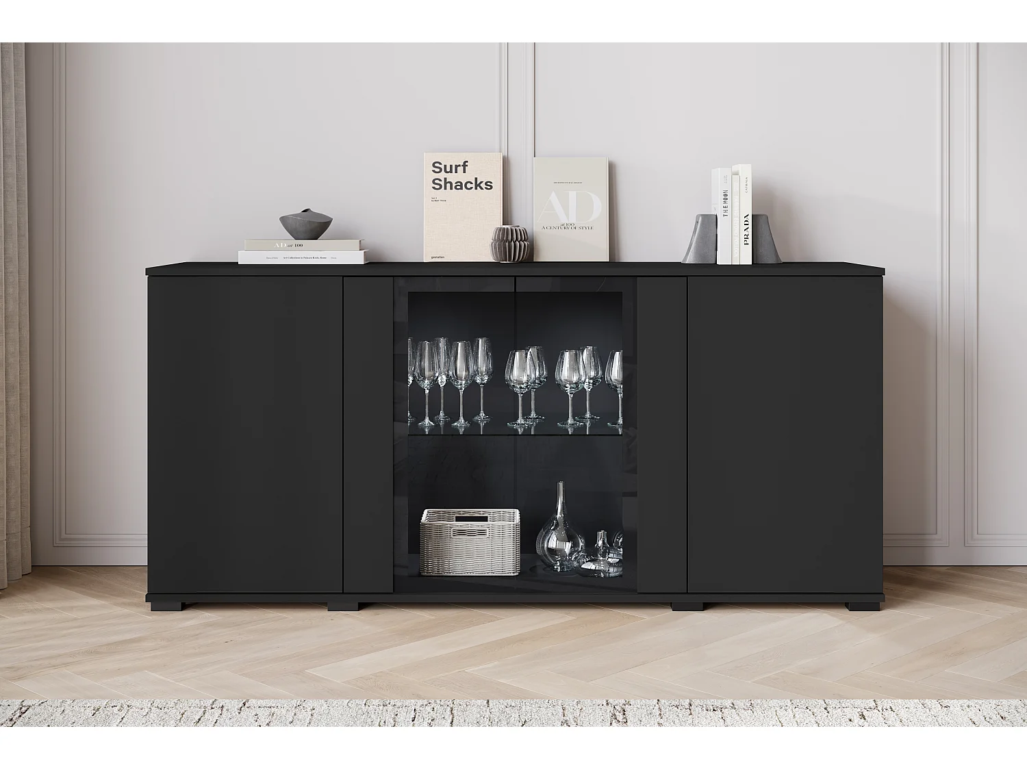 Aparador 150 cm con LED para salón – vitrina moderna con vitrinas, negro mate