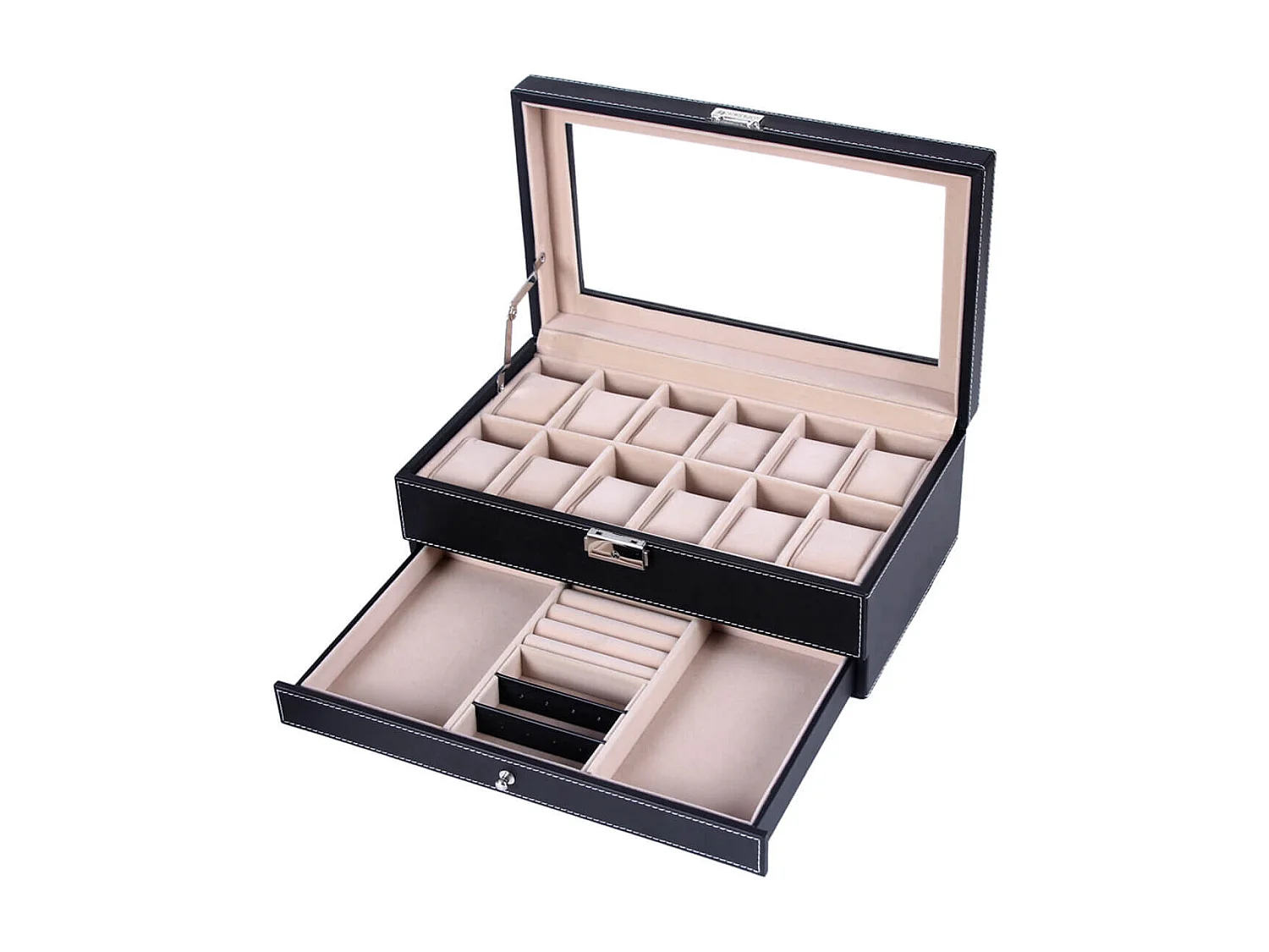 Uhrenbox für 12 Uhren mit Schmuckfach