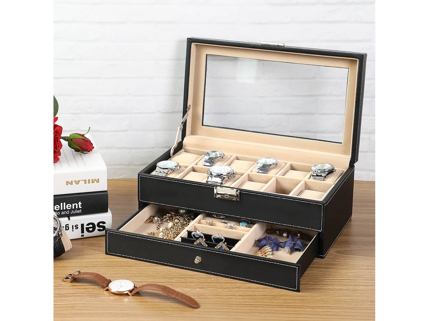 Uhrenbox für 12 Uhren mit Schmuckfach