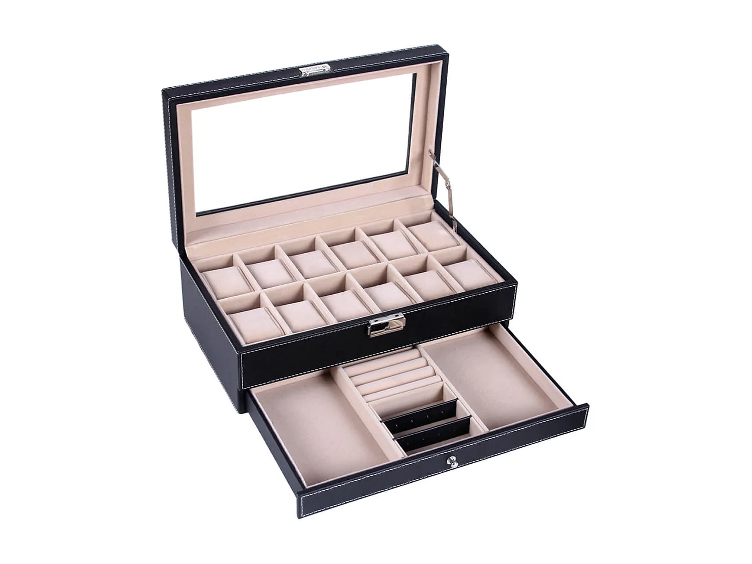 Uhrenbox für 12 Uhren mit Schmuckfach