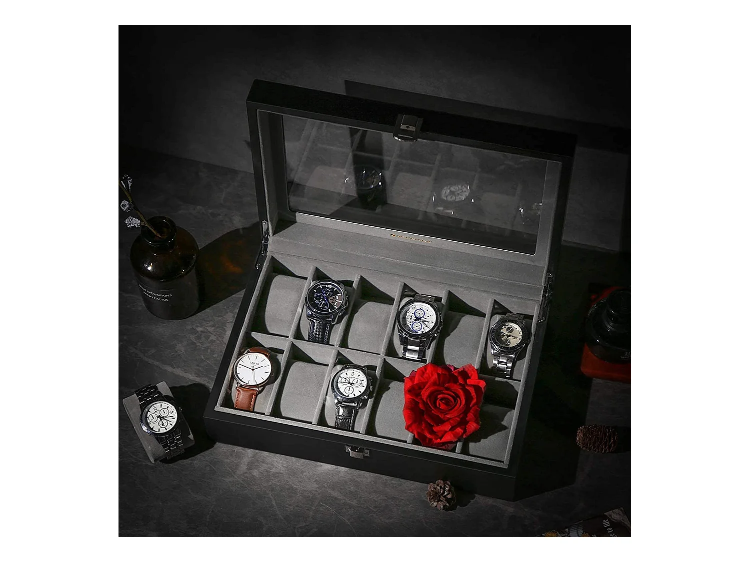 Uhrenbox für 12 Uhren mit Glasdeckel