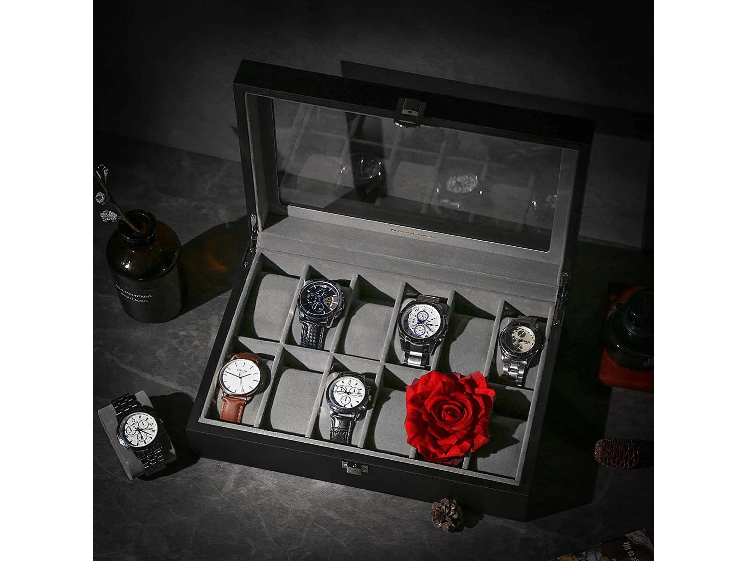 Uhrenbox für 12 Uhren mit Glasdeckel