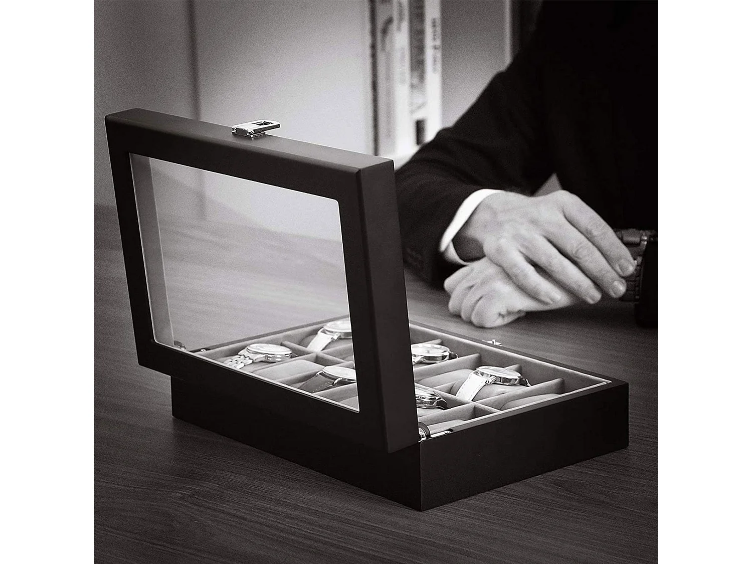 Uhrenbox für 12 Uhren mit Glasdeckel