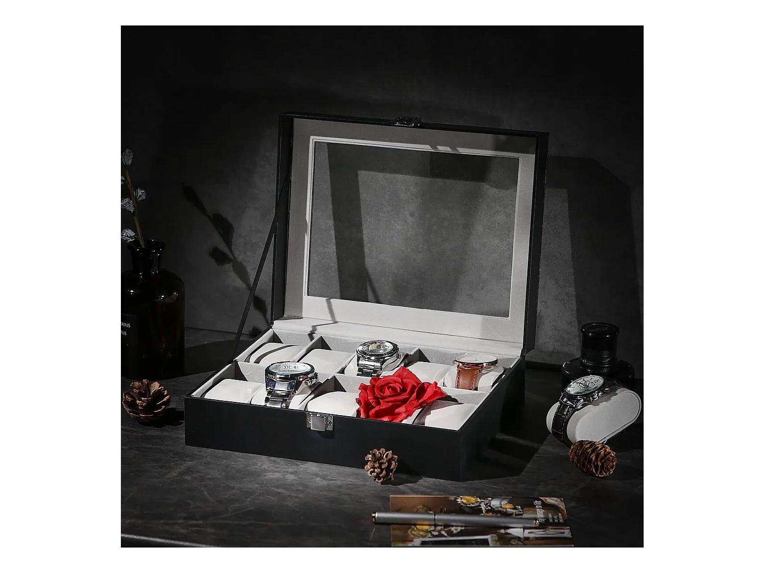 Uhrenbox für 10 Uhren mit Glasdeckel