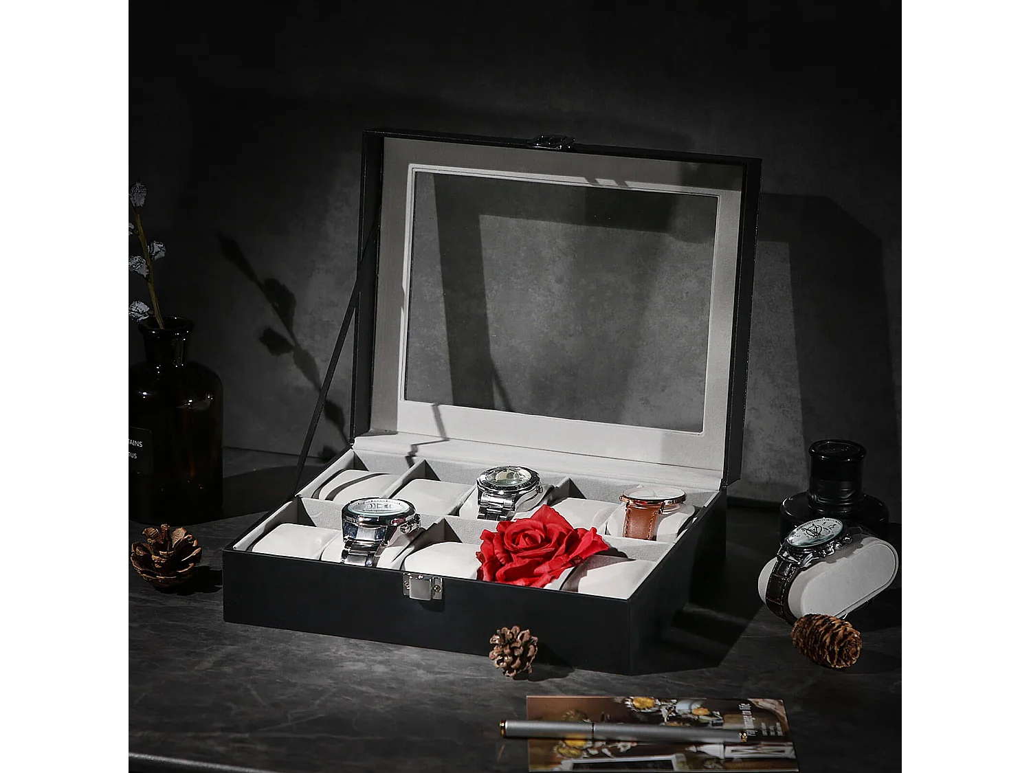 Uhrenbox für 10 Uhren mit Glasdeckel