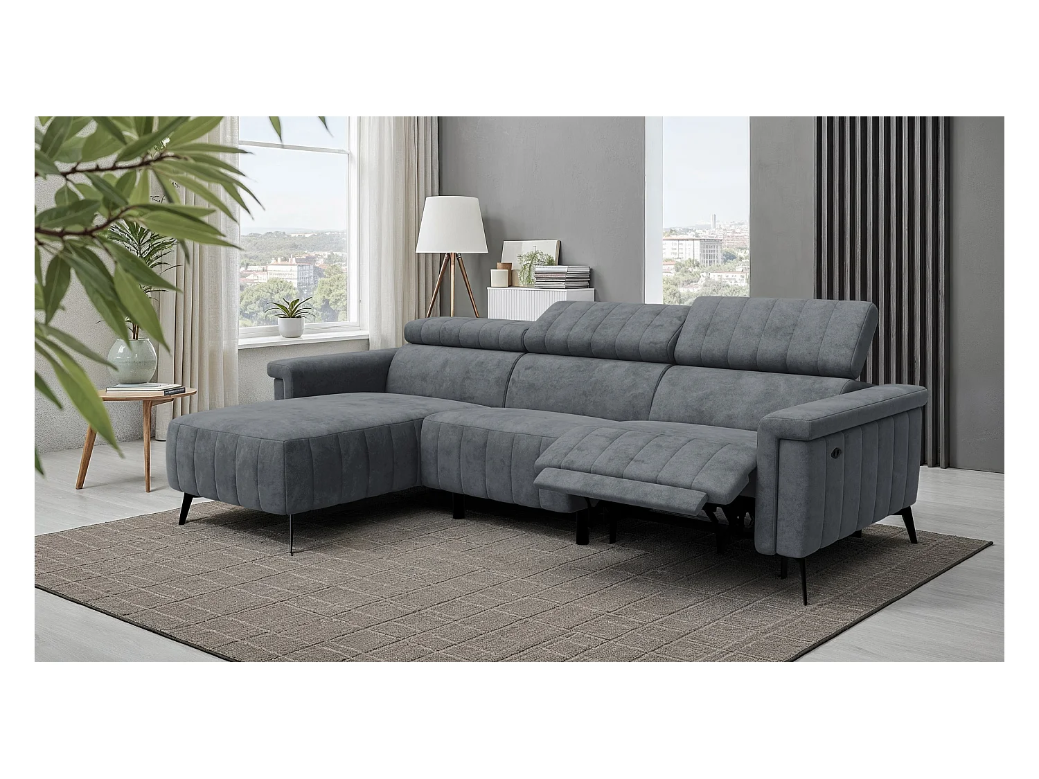 Canapé d'angle 4 places NORDEL, tissu gris foncé