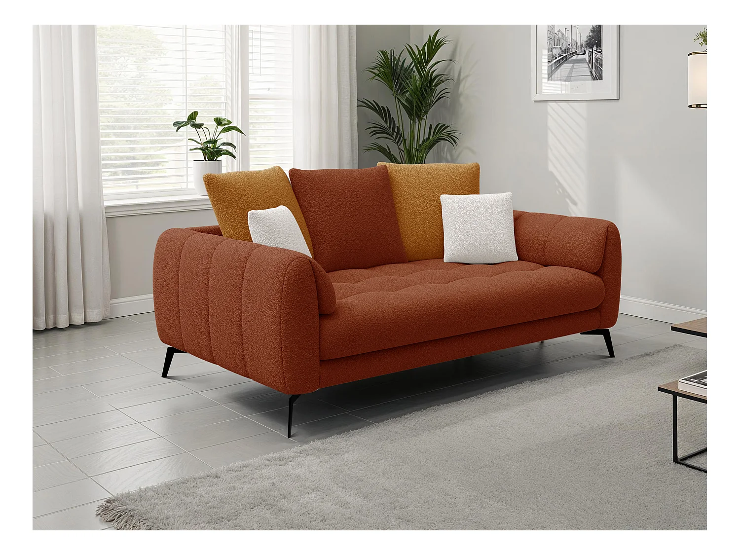 Canapé 2,5 places CALME, tissu orange foncé et écru