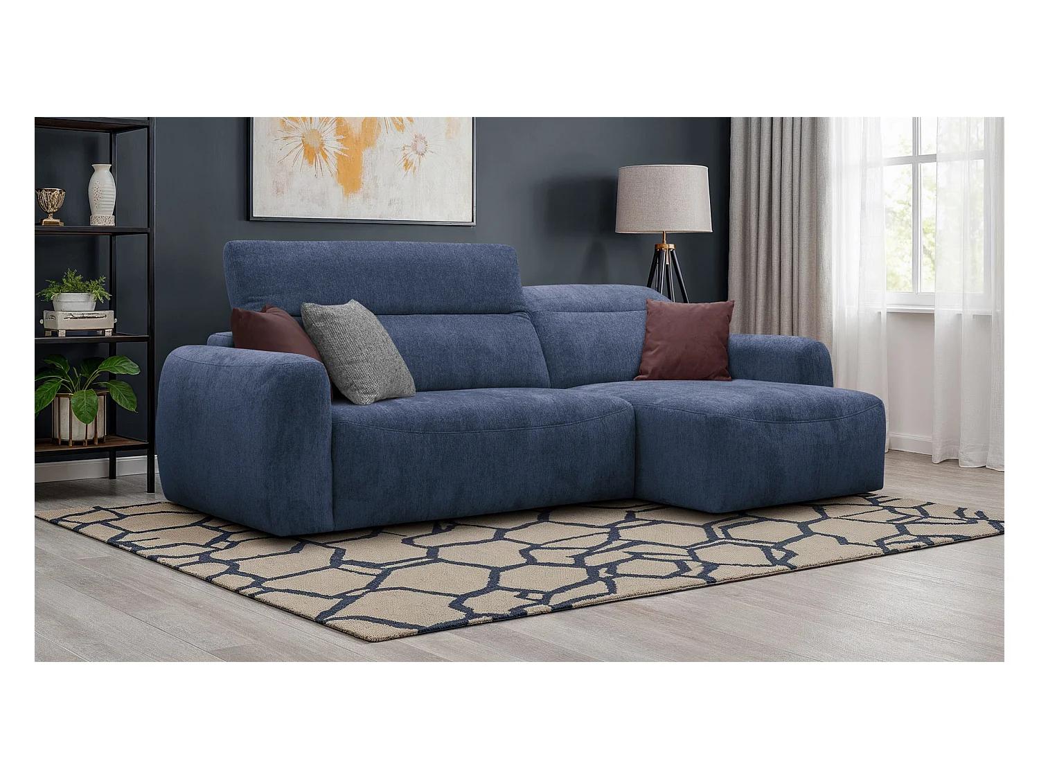 Canapé d'angle 4 places NERO, tissu bleu marine
